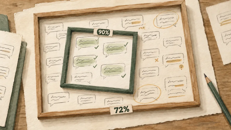 A small green frame labelled 90% highlights selected customer feedback within a larger wooden frame labelled 72%, revealing overlooked comments and corrections.