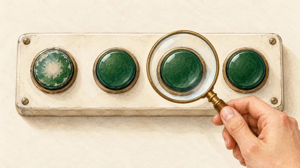 One worn button beside three untouched buttons, with a magnifying glass examining an untouched button.