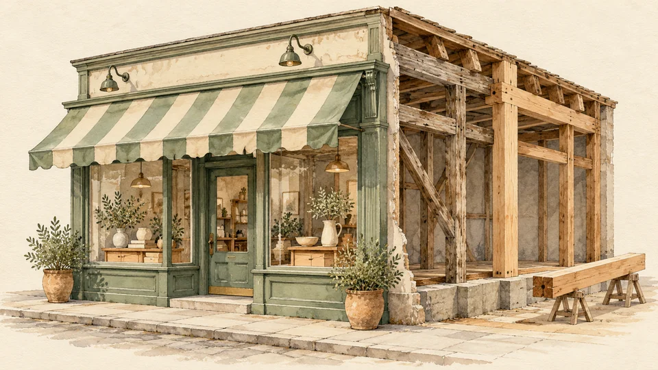 Watercolor illustration of an intact sage-green storefront with exposed timber framing being replaced behind it.