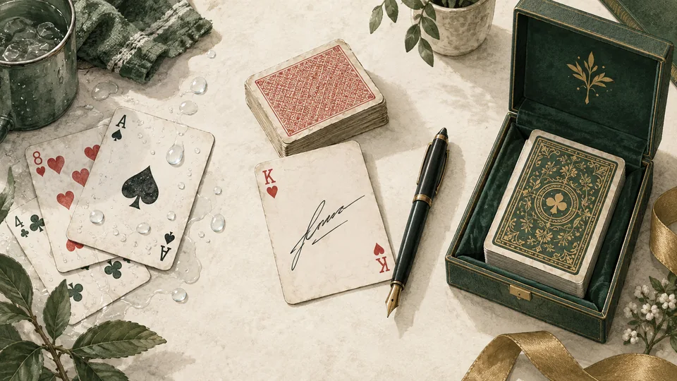 Water-resistant playing cards, a signed card beside a worn deck, and an ornate deck in a presentation box.