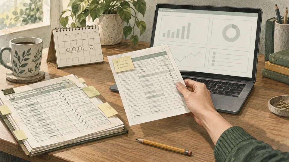 A hand holds a spreadsheet between an established paper workflow and a laptop reporting dashboard.