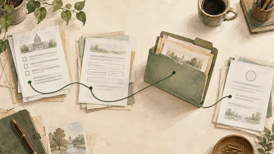 Public-service documents connected by a green thread to an organized folder.